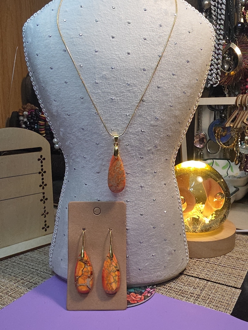 Gold-tone  Chain Necklace, Earring Set with Orange Teardrop Stone